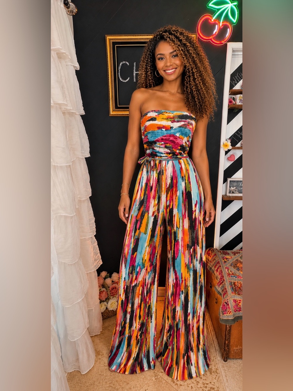 Multicolor Strapless Wide-Leg Jumpsuit with Self Tie XL